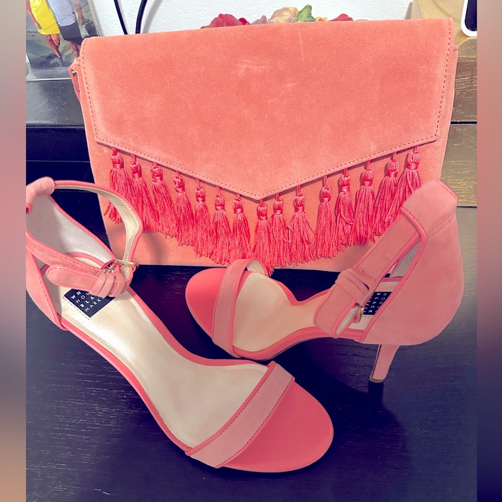 New with box WHBM pink sandals with matching clutch
